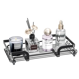Bathroom Tray for Counter, Metal Vanity Tray for Candle Perfume Makeup, Coffee Table Bar Toilet Tank ToothbrushTray, Kitchen Countertop Organizer for Sponge Holder Soap Dispenser (10" * 4.72", Black)
