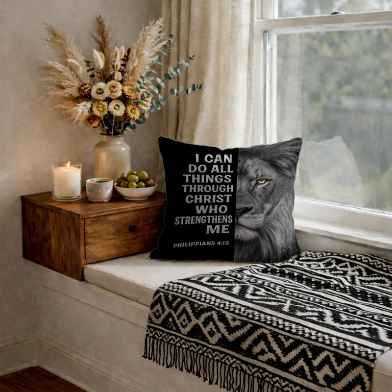 FOPENEM Inspirational Christian Lion Pillow Cover 18x18, I Can Do