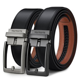 VANNANBA 2 Pack Ratchet Leather Belt for Men - Sliding Belt in Gift Set Box for Mens Dress Casual 1 3/8" - Trim to Fit with Automatic Buckle Alloy(8+9,34"-36" Waist Adjustable)