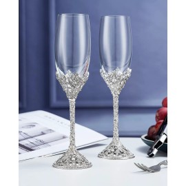 Jozen Gift Champagne Flutes - Crystal Glass Metal Base With Crystal Stones, Set of 2 Toa...