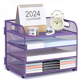 NCXTKJ 4-Tier Desk Organizer Paper Tray, Desk File Organizer with Handle, Mesh Desk Organizer Letter File Stackable Trays for Home Office Supplies and Accessories - Purple