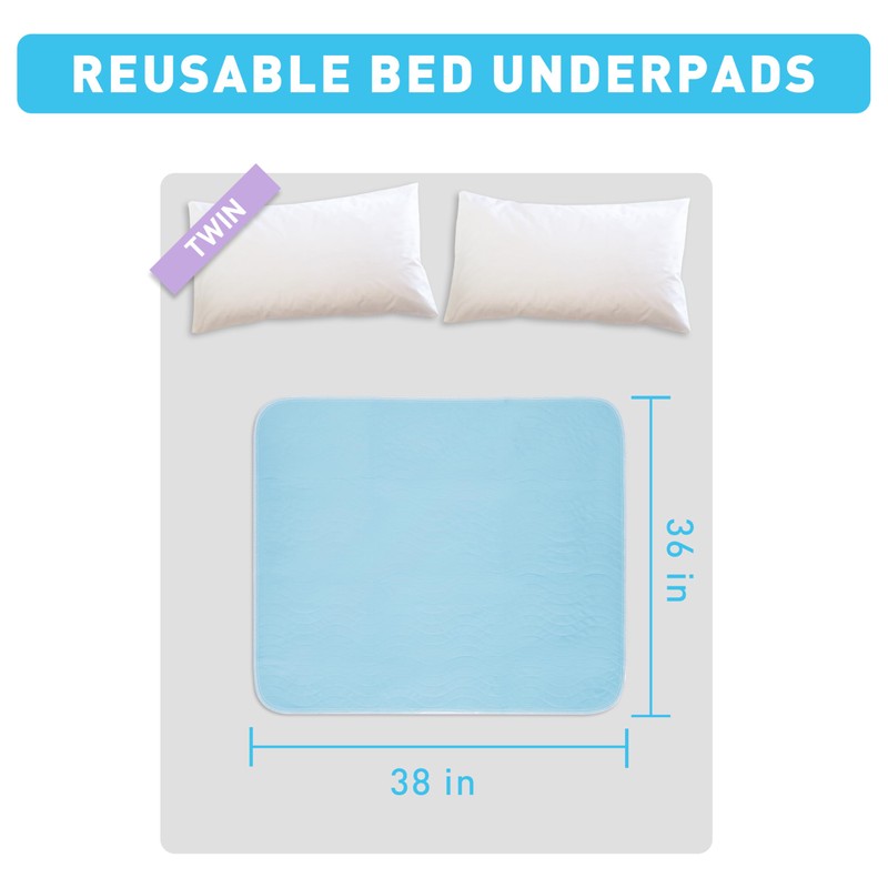Bunlitent Washable Underpads, 36"x38", 4 Pack, Blue, Incontinence Bed Pads