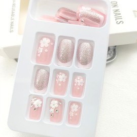 Square Press on Nails Medium Acrylic Nails White French Tip Fake Nails Press ons Pink Full Cover White Flower Silver Glitter Rhinestones Glue on Nails Artificial Stick on Nails for Women 24Pcs
