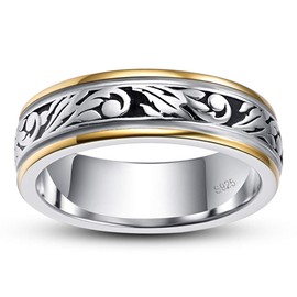 BONLAVIE 925 Sterling Silver Wedding Band Ring for Men Women Unisex Vintage Floral Vine, Silver Gold Two Tones, stone