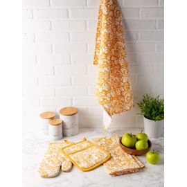 DII Cotton Damask Oven Mitt 12 x 6.5 and Pot Holder 8.5 x 8 Kitchen Gift Set, Machine Washable and Heat Resistant for Cooking and Baking-Mustard