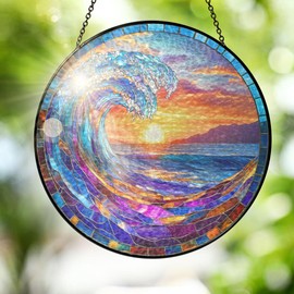 FLAGWIX Beach Gifts for Women Men - Stained Glass Window Hanging 8 in - Beach Decorations for Home, Sun Catchers Indoor Window for Ocean Decor, Suncatchers for Windows Hanging, Boho Gifts for Women