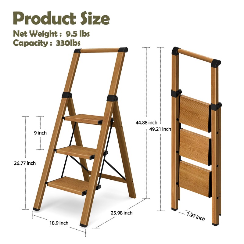 Taranta 3 Step Ladder, Portable Folding Ladder with Wide Pedal,