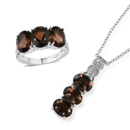 Shop LC Smoky Quartz 9.60 ctw Trilogy Ring Size 8 and Pendant Necklace 20 Inches in Stainless Steel