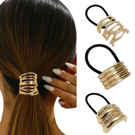 Papasgix 3 Count Gold Metal Hair Ties & Cuffs, Gold Ponytail Cuff, Silver Metal Hair Ties, Hair Elastic for Women