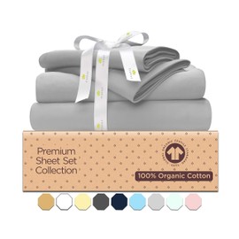 Tissaj Luxury Collection – 4PC California King Size Sheet Set – 100% GOTS Certified Organic Cotton Set – Sateen Weave – Cloud Grey Color