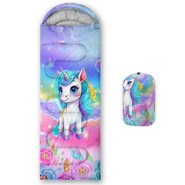 XYNHML Kawaii Unicorn Pattern Camping Sleeping Bag Warm & Cool Weather Waterproof Backpacking Colorful Flower Sleeping Bag All Seasons Camping, for Adult Kid Boy Girl Camping Gear Equipment, Traveling