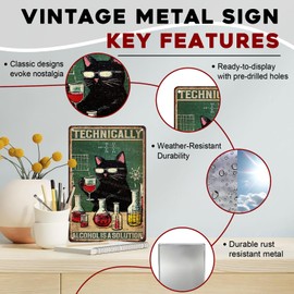 ARTWALLURE Funny Bar Signs "Technically Alcohol is a Solution" Black Cat Metal Decor for Pub Tavern & Man Cave 8x12 Inch