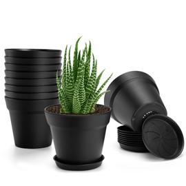 FHWTY 10 Pack Plastic Plant Pots with Drainage Holes and Tray, 6 inch Thickened Indoor Planters Seedlings Nursery Pots for Flowers, African Violet, Succulent and All House Plants, Black