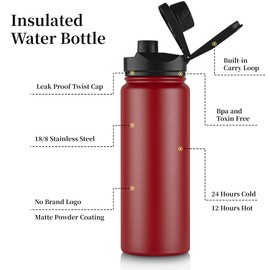 VQRRCKI 24 oz Insulated Water Bottle with Straw Lid & Wide Mouth Lids, Stainless Steel Sports Water Bottles, Double Walled Vacuum, Leak Proof, Red