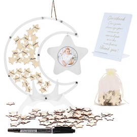 66Pcs Baby Shower Guest Book Wooden, Baby Shower Welcome Sign Board Wooden Guest Book Frame Birthday, Alternative Guestbook Baby with Star Photo Frame for Wedding Baby Shower Birthday (White)