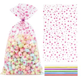 COQOFA 100 Pcs Pink Star 7"X12" Gift Wrap Cello Cellophane Treat Bags Party Favor bags Clear Candy Cookie Bags Plastic Poly Goodie Storage Bags with Twist Ties for Baby Shower,Gender Reveal, Birthday,