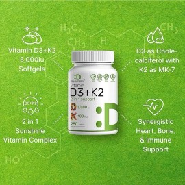 Vitamina D3 5,000 Iu + K2 100mcg 2 En 1 250 Capsulas Eg D113 Sabor Sin Sabor