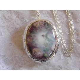 Fancy Fox Boutique Hummingbird Rose Locket Antique Silver Necklace Porcelain Cameo Memory PHOTO