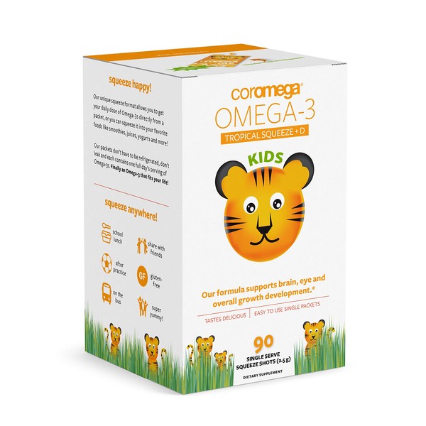 Coromega Kids Omega 3 Fish Oil Supplement, 650mg of Omega-3s, Tropical Orange + Vitamin D, 90 Single Serve Squeeze Packets