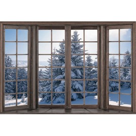 Xiaoterna 7x5ft Winter Snow Scene Backdrops Rustic Wooden Window Forest Photography Background White Pine Tree Landscape Party Backdrop White World Christmas Kids Holiday Party Decoration