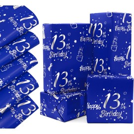 QRTDXP Navy Blue 13th Gift Wrapping Paper Sheets,5pcs 50 * 70cm Large Silver 13th Birthday Paper, Blue Eco-friendly Gift Wrap Perfect for Wrapping Present for Boys Girls
