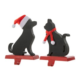 Glitzhome Set of 2 Metal Cat and Dog Christmas Stocking Holder, 7" H Dog Cat Xmas Hanging Hooks,Christmas Stand Hanger for Mantel Fireplace Decor