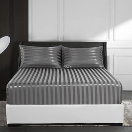 DuShow Satin Fitted Sheet Super King Gray,Stripe Silky Deep Pocket(35cm) Satin Bed Sheets,Breathable Soft Comfortable Satin Sheets Super King,Fitted Sheet Only(Gray,Super King)