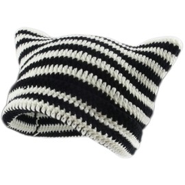 SINSEN Women's Cat Beanie Crochet Hats with Ears Knitted Striped Winter Warm Elastic Cap for Girls Adults Kids (White Black)