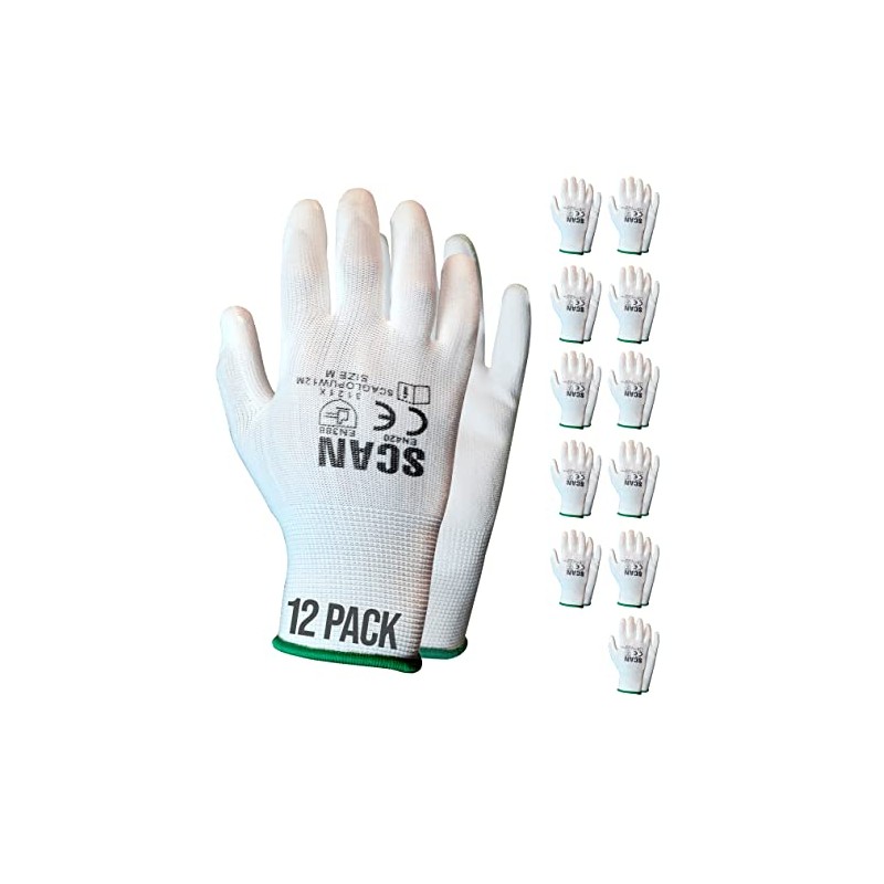 Scan SCAGLOPUW12M White PU Coated Gloves - Size 8 (12