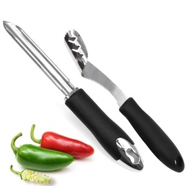 Jalapeno Pepper Corer, Set of 2, Stainless Steel Chili Corer Remover with Wave Disc and Rubber Handle, Core Corer for Jalapenos, Chilis, Peppers, Zucchini Cucumber Corer
