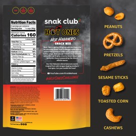 Snak Club x Hot Ones Hot Habanero Snack Mix, Spicy Snacks with Peanuts, Pretzels, Sesame Sticks, Toasted Corn & Cashews, Inspired by Hot Ones Hot Sauce, 10 oz Resealable Bag (6 Count)