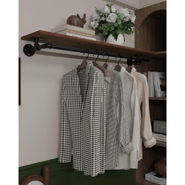 TEDIDUWA Clothes Rack 48in, Wall Mounted Garment Rack with Real Wood Shelf, Heavy Duty Hanging Clothes Rack, Multi-Purpose Hanging Rod, Space-Saving Closet Storage