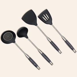 FJNATINH FJNATINH Silicone Wok Spatula,Slotted Spatulas,Ladle,Skimmer Ladle Tool Set,Non Stick Heat-Resistant Cooking Utensils BPA Free Kitchen Utensils Cookware (Black Stainless Steel-4PCS)