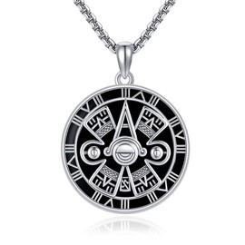 YAFEINI Aztec Mayan Calendar Necklace 925 Sterling Silver Obsidian Mayan Pendant Amulet Jewelry for Women Men