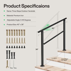 VIVOSUN Outdoor Handrail, 3 Step Stair Handrail, 40" x 36" Fits 1 to 3 Steps, Wrought Mattle Iron Handrail for Concrete Steps, Porch Steps, One-Step Assembly, Black