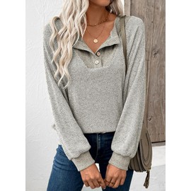 EVALESS Womens Fall Fashion 2025 Long Sleeve Shirts Patchwork Button Up V Neck Oversized Sweatshirt Casual Trendy Pullover Blouse Tops Beige X-Large