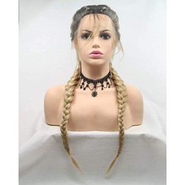 Rainahair Blonde Double Braided Wigs with Baby Hair Heat Resistant Synthetic Lace Front Wigs for Women Female Dark Roots Ombre Blonde Natural 2x Twist Braids Long Hair Glueless Synthetic Wig 24 Inch