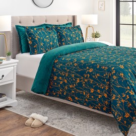 Chanasya Premium 3-Piece Reversible Ultra Soft Brushed Microfiber Velvet Bedding Comforter Duvet Cover Set - Teal Yellow Bramble Leaves Foliage Print - (1 Duvet Cover & 2 Pillow Shams) - Twin Bed
