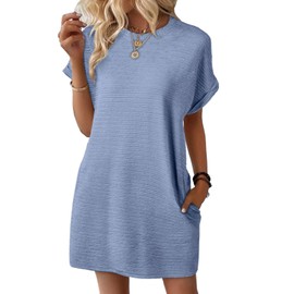 EVALESS Cute Dresses for Women Spring Summer Dress 2025 Fashion Short Sleeve Mini Dress Crewneck Vacation Tshirt Dresses with Pockets Myosotis XX-Large Blue