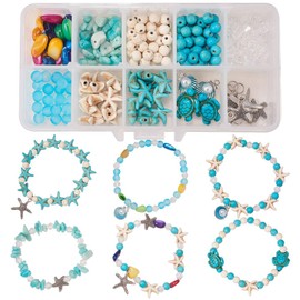SUNNYCLUE 1 Box DIY 6Pcs Boho Shell Beads Beach Charm Anklet Christmas Bracelet Making Kit Adjustable Starfish Sea Shell Charms Turquoise Turtle Beads Foot Chain Sandal Beads for Jewelry Making Kits
