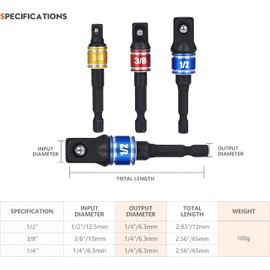 Impact Grade Socket Wrench Adapter Extension Set,105°Right Angle Drill Bit Adapter Attachment 1/4" Drive Hex Magnetic Bit Socket Screwdriver Drill,3Pcs 1/4" 3/8" 1/2"Hex Socket Adapter Drill Bits Set