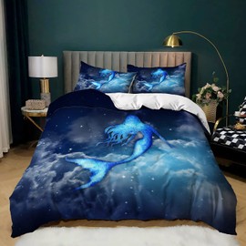 CVHOUSE Mermaid Duvet Cover King Size,Sky Cloud Mermaid Bedding Set for Girls Kids Teens,Blue Comforter Cover,1 Duvet Cover 2 Pillowcases 3 Piece