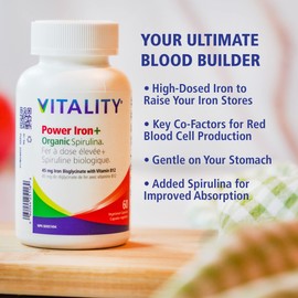 VITALITY VITALITY Power Iron + Organic Spirulina 30 Veg Capsules (30 Days) - Boosts Energy with Iron Bisglycinate, Vitamin B12, Folic Acid, Vitamin C to Build Blood, Boost Energy