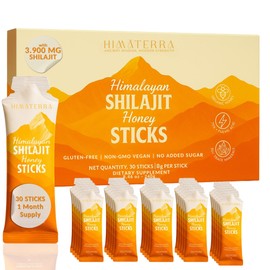 HIMĀTERRA Himalayan Shilajit & Honey Sticks — 85+ Trace Minerals, 3 900 mg Shilajit Resin (75% Fulvic Acid) with Probiotics & Adaptogens — Vegan, No Added Sugar, Lab-Tested — 30 On-The-Go Packets