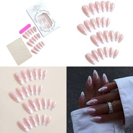 Bestvisse French Tip Press On Nails Full Cover False Nails Medium Almond False Nails Glossy Nude False Nails Tip Manicure Supplies