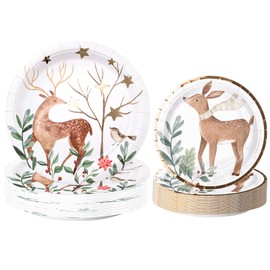 WRAPAHOLIC 50Pcs Christmas Paper Plates - 7 & 9 Inch Gold Foil Forest Reindeer Disposable Plates Decorative Dinner Dessert Plates for Christmas Party Tableware Supplies Table Decor