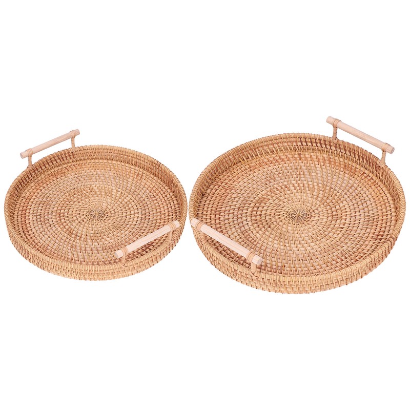 2PCS Hand Woven Rattan Tray Round Serving Tray Tea Fruit