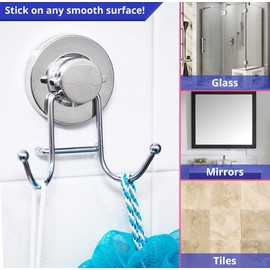 HOME SO Suction Cup Hooks for Shower, Bathroom, Kitchen, Glass Door, Mirror, Tile – Loofah, Towel, Coat, Bath Robe Hook Holder for Hanging up to 15 lbs – Rustproof Chrome Stainless Steel (2-Pack)