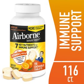 Airborne 1000mg Vitamin C + Zinc Immune Support Supplement Chewable Tablets, Citrus Flavor with Powerful Antioxidants Vitamins A C & E, 116 Chewable Tablets (2 Pack)