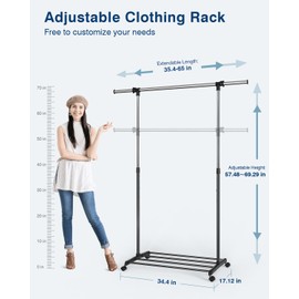 Whitmor Deluxe Adjustable Garment Rack - Rolling Clothes Organizer - Black and Chrome